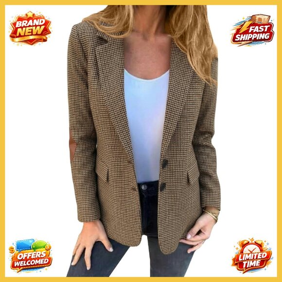 Tweed Blazer Classic Houndstooth Plaid Slim Fit Professional Work Office